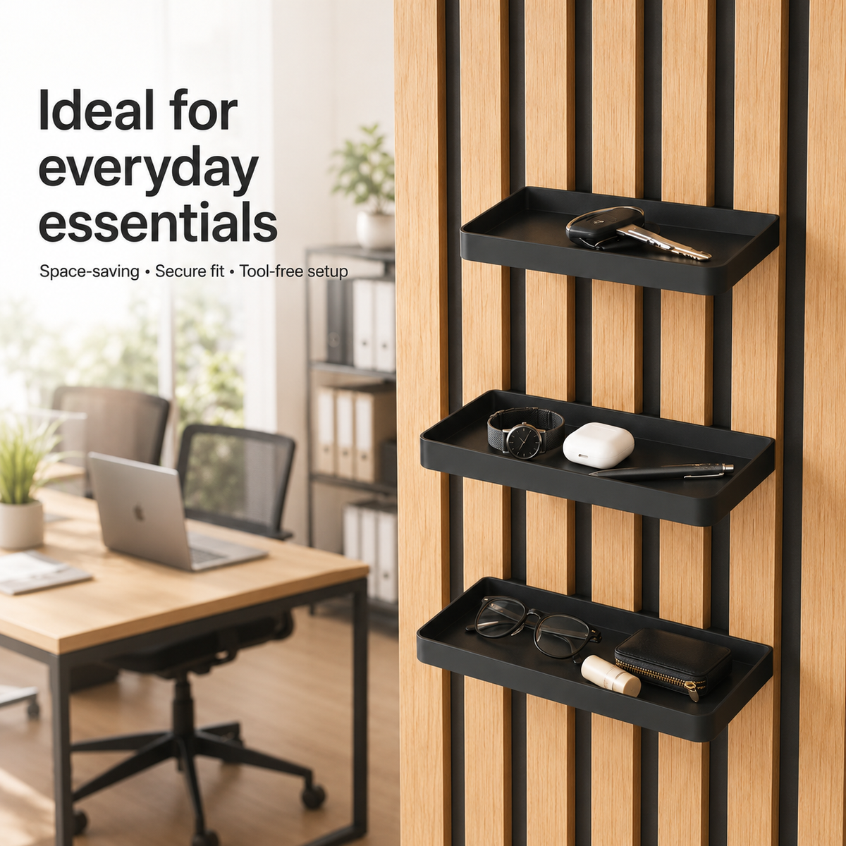 No-Drill Acoustic Slat Wall Storage Tray – Detachable Organizer Shelf