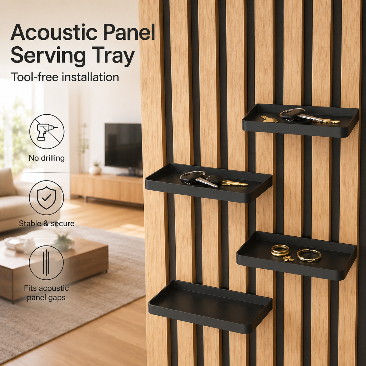 No-Drill Acoustic Slat Wall Storage Tray – Detachable Organizer Shelf
