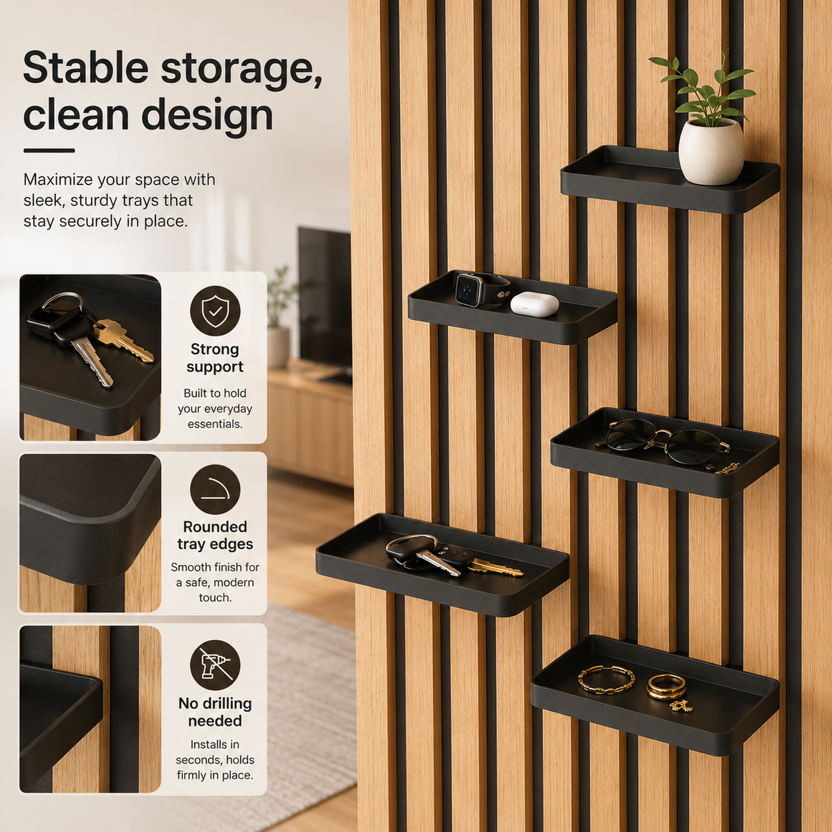 No-Drill Acoustic Slat Wall Storage Tray – Detachable Organizer Shelf